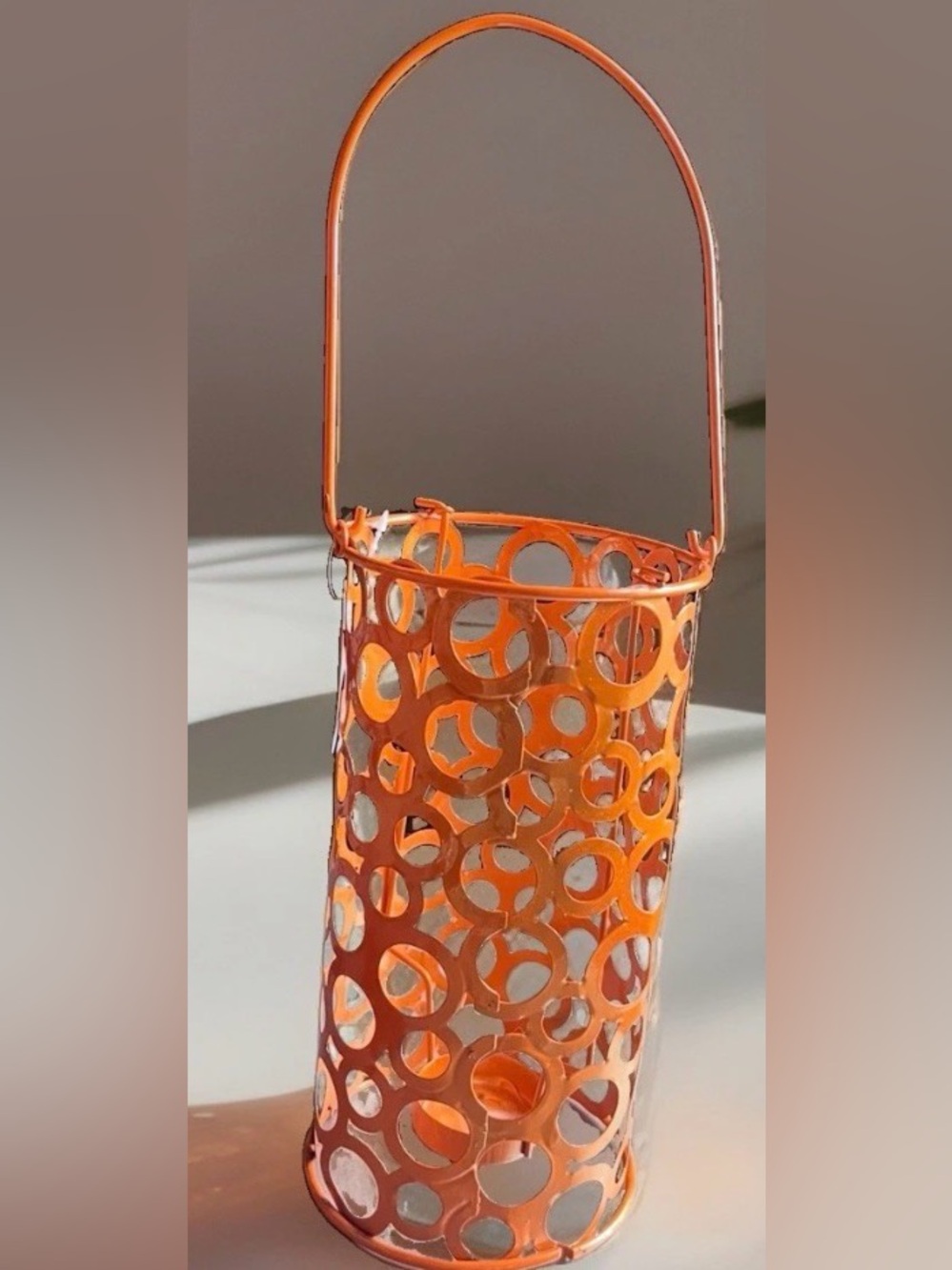Orange Hanging Tealight Holder Metal Lantern Circle Cutout Boho Decor